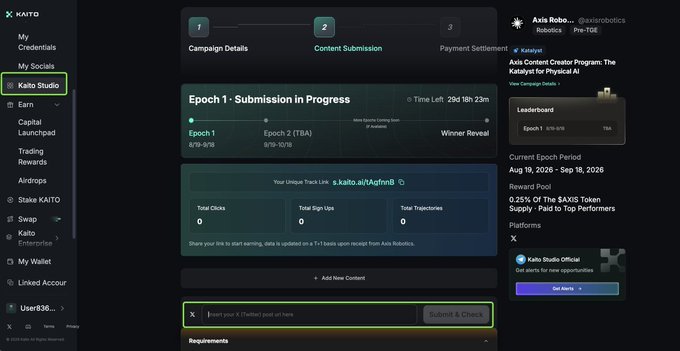 A screenshot of the KAITO platform showing the 'Kaito Studio' tab selected, with the 'Content Submission' step active for the 'Axis Robotics' campaign (Epoch 1).