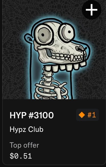 A cartoon skeleton character with large bulging eyes and a wide grin is displayed as a digital NFT titled "HYP #3100" from "Hypz Club," listed as a unique "#1" Top offer at $0.51. The image relates to the post celebrating the user's first time minting this exclusive 1/1 piece from Hypz Club.