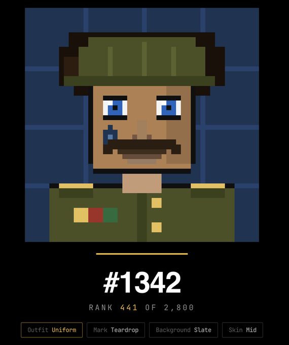 A pixel art character profile (#1342) shows a soldier with a green helmet, mustache, teardrop mark, and uniform, ranked 441 of 2,800.