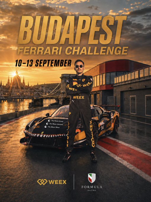 Promotional poster for the Budapest Ferrari Challenge from 10-13 September, featuring a man in a WEEX racing suit standing with arms crossed in front of a race car, with the Hungarian Parliament and Chain Bridge in the sunset background, branded by WEEX and Formula Racing.