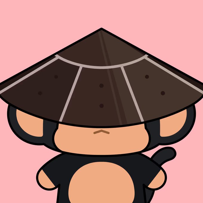 A cartoon character resembling a black monkey wearing a wide conical Asian-style hat against a pink background.