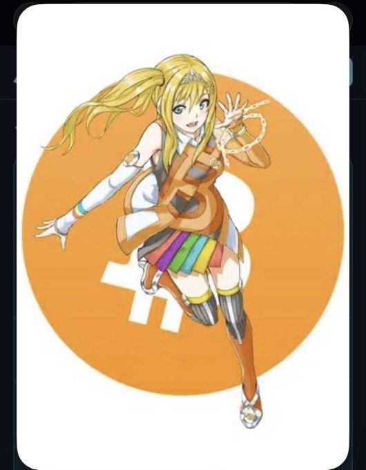 An anime-style blonde female character poses energetically against an orange background featuring a large Bitcoin "₿" symbol, visually reinforcing the caption's theme of cryptocurrency by placing the iconic BTC logo behind her. The artistic illustration plays on the concept of a "waifu" (a popular anime term for a favored female character) earning or rewarding the viewer in Bitcoin.