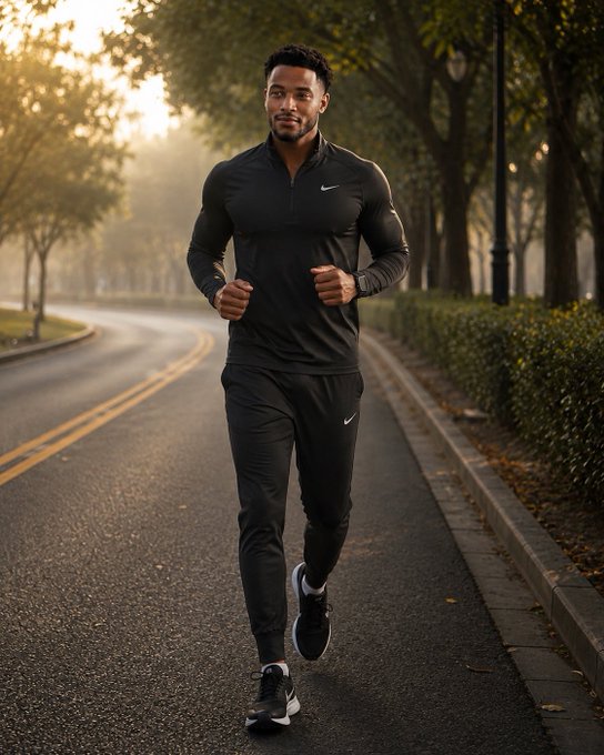 A muscular man in black Nike athletic wear runs confidently down a tree-lined road at dawn, embodying the discipline and persistence needed for trading success. The image visually reinforces the post's message of perseverance and steady progress, symbolizing the journey from humble beginnings to financial achievement.