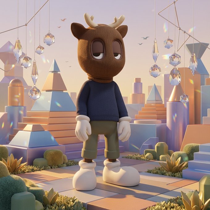 A 3D-rendered character with a brown knitted deer hood, blue sweater, and olive pants stands in a pastel geometric landscape with hanging crystals.