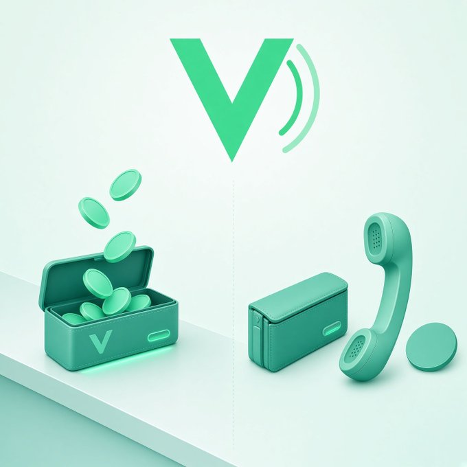 A 3D rendered promotional image of a green electronic device with a 'V' logo, showing two views: one with an open case containing coin-shaped items, and another showing the device with a handset attachment.