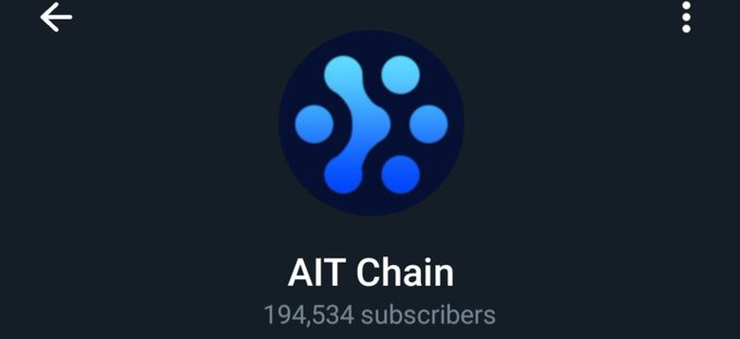 A dark-themed mobile app or website header for 'AIT Chain', displaying a blue circular logo with connected nodes and indicating '194,534 subscribers'.