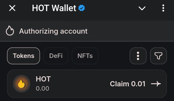 The image shows the HOT Wallet app interface in an "Authorizing account" state, displaying a HOT token balance of 0.00 with an option to "Claim 0.01" tokens, directly reinforcing the post's skepticism about the HOT TGE by visually highlighting the trivial token rewards being offered after extensive waiting.