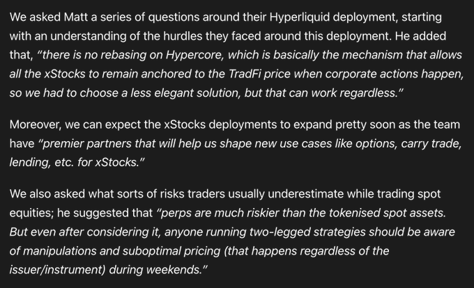 A screenshot of an interview discussing Hyperliquid deployment challenges, where Matt explains xStocks' lack of rebasing on Hypercore and notes that "perps are much riskier than the tokenised spot assets," directly relating to the post about HIP-1's new scaleWei primitive addressing corporate actions on HL.