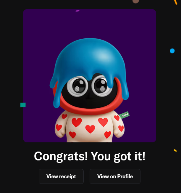 A confirmation screen displays a cute 3D character with a blue slime-like hat and heart-patterned outfit against a purple background, with the text "Congrats! You got it!" and buttons to "View receipt" or "View on Profile." This appears to be a successful NFT mint or purchase receipt related to the YoukieVerse collection mentioned in the post, showing the user acquired one of their digital collectibles on Base Chain.