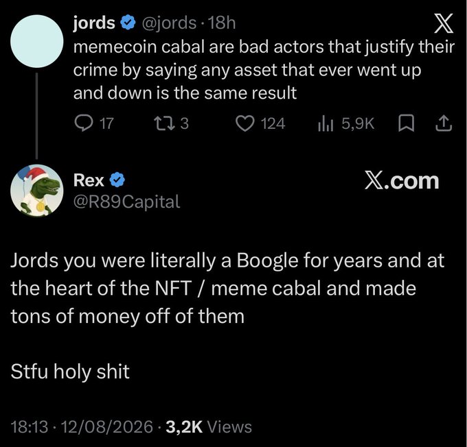 A screenshot of a tweet exchange on X (formerly Twitter) where user @jords calls out the memecoin cabal as "bad actors that justify their crime by saying any asset that ever went up and down is the same result," receiving 124 likes and 5.9K views, followed by @R89Capital (Rex) replying to accuse Jords of hypocrisy, saying "Jords you were literally a Boogle for years and at the heart of the NFT / meme cabal and made tons of money off of them. Stfu holy shit."

The image directly relates to the post's complaint by showing the online backlash the poster received from the Solana meme/NFT "Boogle" community in response to their criticism.