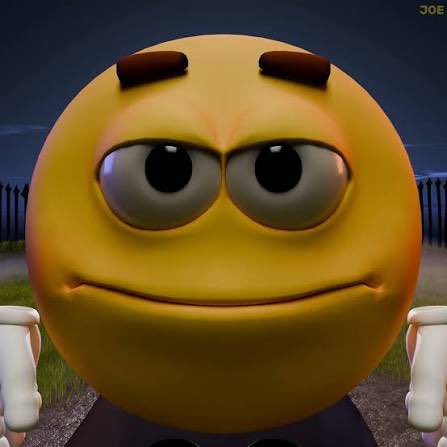 A 3D rendering of a yellow emoji face with a smug expression, thick dark eyebrows, and a slight smile, set against a nighttime background with "JOE" in the top right corner.