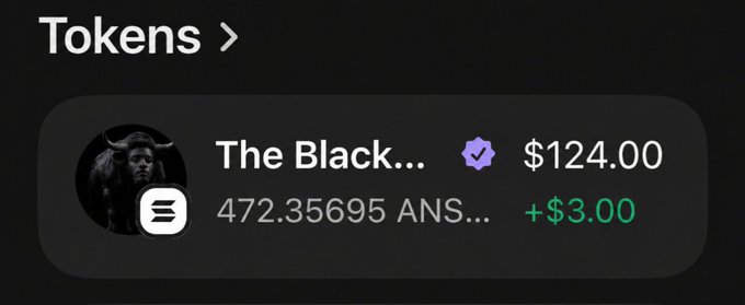 The screenshot shows a wallet holding 472.35695 ANS (The Black...) valued at $124.00, up $3.00, representing the $Ansem token referenced in the post about targeting a $1 billion market cap before September.