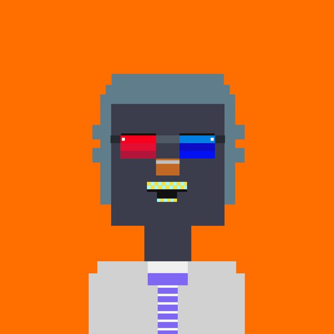 A pixel art portrait of a character with gray hair wearing red and blue 3D glasses, a white suit, and a purple striped tie against an orange background.