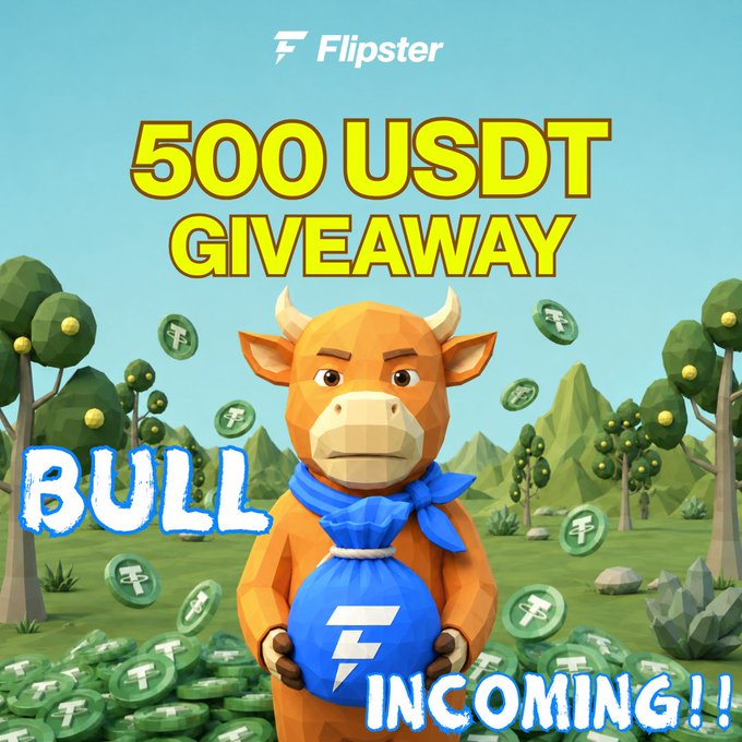 A Flipster giveaway advertisement announcing a '500 USDT GIVEAWAY' with a 'BULL INCOMING!!' message, featuring a 3D low-poly orange bull holding a blue money bag amidst flying Flipster coins.