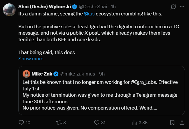 A screenshot of a tweet from @DesheShai quoting Mike Zak (@mike_zak_mus), who announced his termination from Igra Labs via Telegram with no prior notice or compensation, with the context noting that criticism of the Kaspa ecosystem consistently gets redirected toward @Kaspa_KEF while $KAS continues block production.