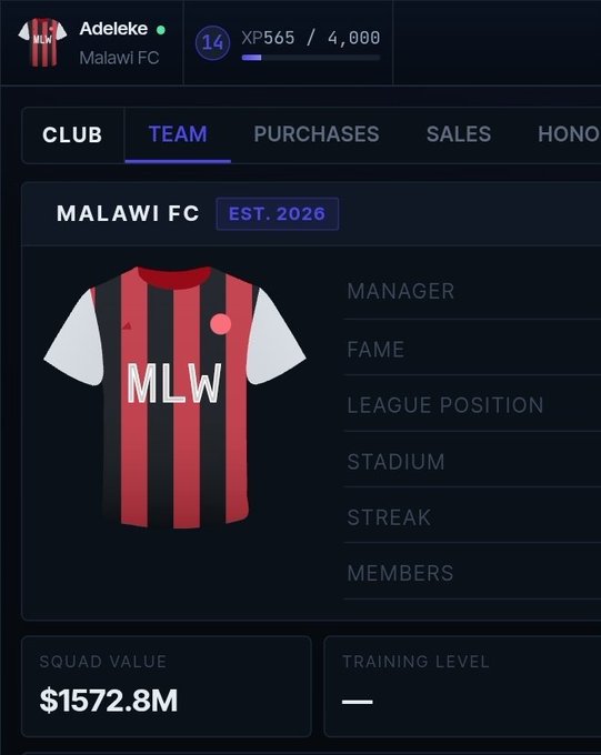 A sports team management app screen showing Malawi FC (EST. 2026) with a red and black striped MLW jersey, squad value of $1572.8M, and manager 'Adeleke' at XP 565/4,000.