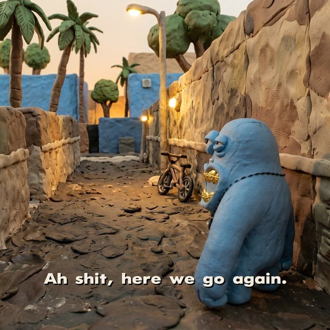A claymation-style blue gorilla sits holding snacks in a sandy alleyway, with the caption "Ah shit, here we go again." displayed below. The image humorously relates to the post's "new grind" message, capturing the weary but resigned energy of starting another work week.