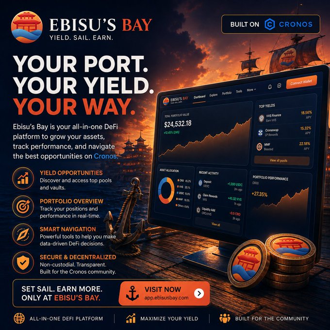 A promotional advertisement for "EBISU'S BAY" DeFi platform built on Cronos, featuring the slogan "YOUR PORT. YOUR YIELD. YOUR WAY." and a dashboard interface showing portfolio performance metrics.