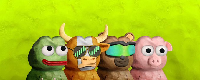 A claymation-style image showing four characters—a green frog, a cow with horns, a brown bear, and a pink pig—two of which are wearing colorful sunglasses, against a bright green background.