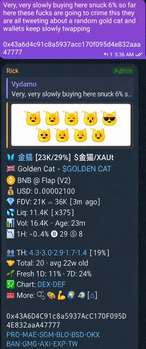 The image shows a Telegram message discussing "Golden Cat" ($GOLDEN CAT, BNB V2) with 29% on 金猫 token, where users complain about a slow 6% snipe and joke about a random gold cat being tweeted while their wallets keep tapping. It captures the skepticism surrounding the hyped BNB-based meme coin promotion, aligning with the post's narrative about the same suspect accounts repeatedly baiting CZ into promotional retweets.