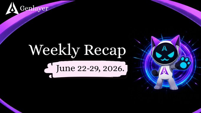 A promotional graphic for GenLayer's "Weekly Recap" covering June 22-29, 2026, featuring the GenLayer logo in the top-left corner and the brand's cat mascot character on the right against a dark background with purple accents, visually introducing the week's highlights mentioned in the post.