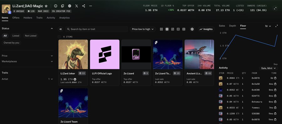 A screenshot of the LiZard DAO Magic NFT collection dashboard on OpenSea, showing a floor price of 1.95 ETH, 6 items, and listings including LiZard Joker, LiFi Official Logo, and Ze Lizard.