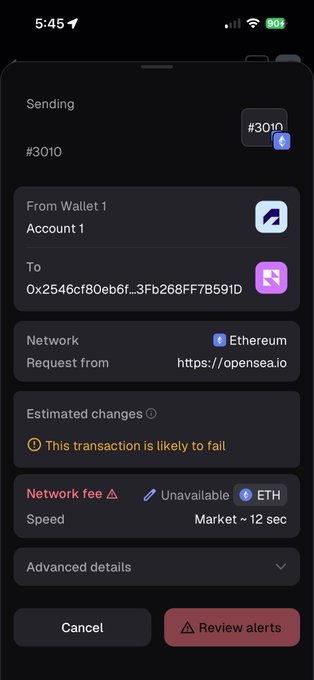 A MetaMask wallet screenshot shows a failed NFT transfer attempt for token #3010 from "Account 1" to address 0x2546cf80eb6f_3Fb268FF7B59fD via OpenSea on the Ethereum network, displaying warnings that "This transaction is likely to fail" and "Network fee - Unavailable" with a "Review alerts" prompt at the bottom.

The image directly illustrates the user's gas error problem they described in their post, capturing the exact moment the transaction stalled due to unavailable network fees and a failure warning while attempting to sweep the NFT.