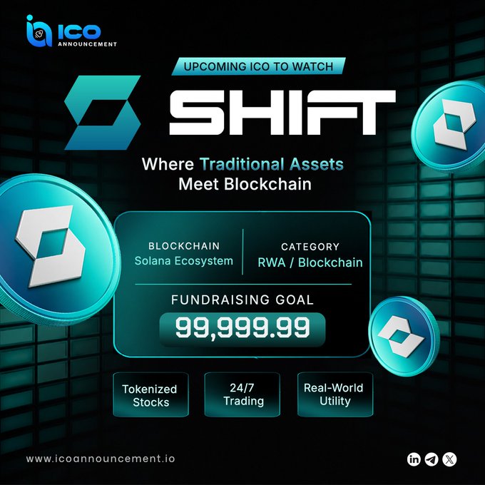 A promotional graphic from ICO Announcement highlights the upcoming Shift ($SHFT) ICO, featuring the tagline "Where Traditional Assets Meet Blockchain" and key details including its Solana Ecosystem blockchain, RWA/Blockchain category, and a fundraising goal of 99,999.99, with feature callouts for Tokenized Stocks, 24/7 Trading, and Real-World Utility.