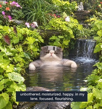 A grumpy-looking cat relaxes in a garden pond beneath a small waterfall, with a caption reading 'unbothered. moisturized. happy. in my lane. focused. flourishing.'