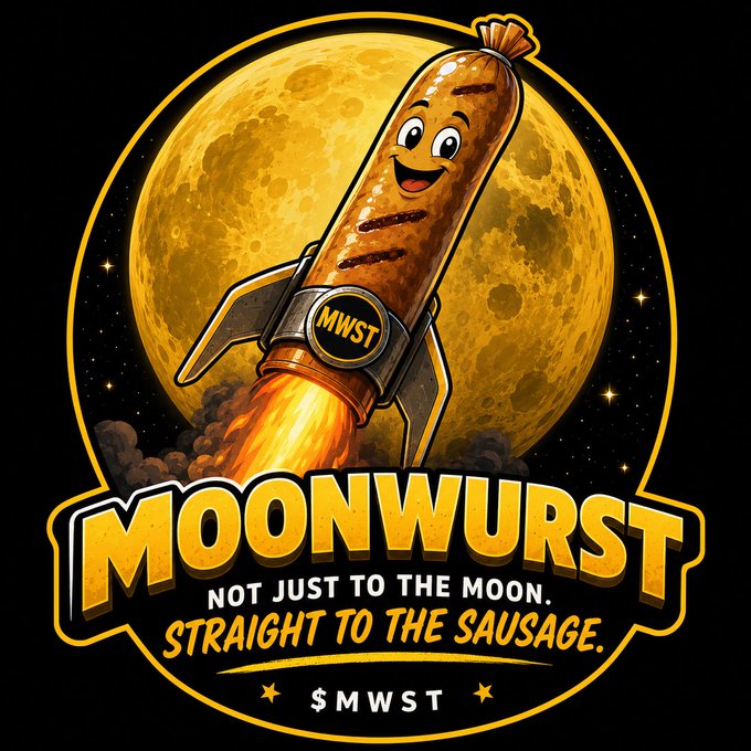 Meme coin logo for 'MOONWURST' featuring a sausage character riding a rocket in front of a moon, with the tagline 'NOT JUST TO THE MOON. STRAIGHT TO THE SAUSAGE.' and ticker $MWST.