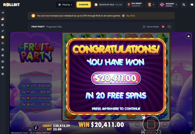 A screenshot from an online casino showing a 'CONGRATULATIONS! YOU HAVE WON $20,411.00 IN 20 FREE SPINS' message on the 'Fruit Party' slot game by Pragmatic Play.