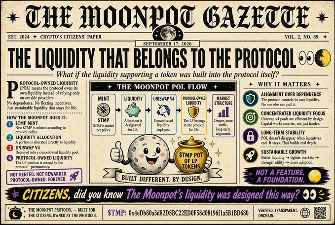 The image is a newspaper-style infographic titled "THE MOONPOT GAZETTE" (Vol. 2, No. 69, September 17, 2026) explaining Moonpot's Protocol-Owned Liquidity (POL) mechanism, detailing the $TMP token flow from minting through liquidity allocation, Uniswap V4, and protocol-owned liquidity. The accompanying post aligns with this content by highlighting Moonpot's POL as a foundational design feature, where the $TMP mint is directed by policy to fund liquidity rather than relying on external incentives.