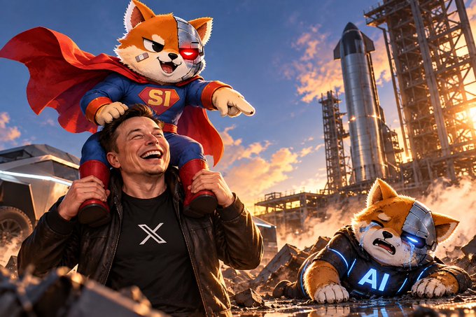 A humorous scene showing Elon Musk (in a leather jacket over an X-branded shirt) giving a piggyback ride to a cyborg Shiba Inu dog dressed as Superman, while another cyborg Shiba Inu labeled 'AI' lies defeated on the ground near a SpaceX rocket launch site.