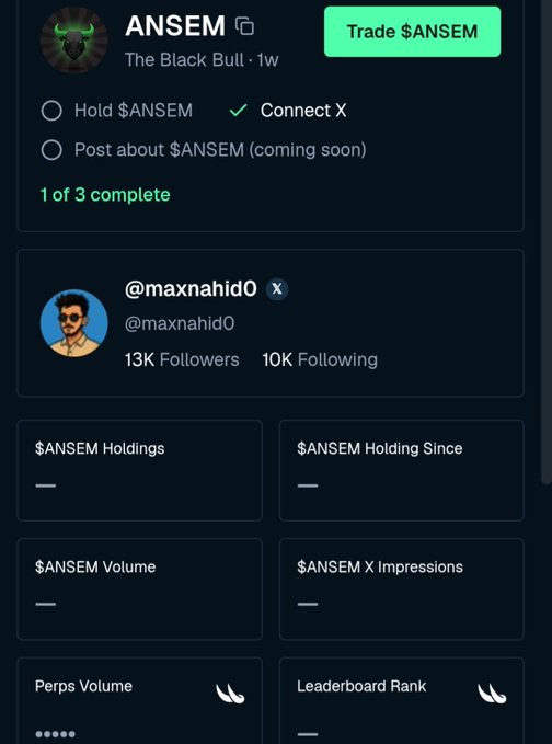 The image displays a Bullpen.fi profile dashboard for $ANSEM, featuring user @maxnahid0 with 13K Followers and 10K Following, alongside a task checklist (1 of 3 complete) for holding $ANSEM and connecting X, with empty metric tiles for holdings, volume, and impressions. It complements the post's pitch by visually highlighting the early participation requirements—holding $ANSEM, posting about it, and connecting X—before leaderboard stats fill in.