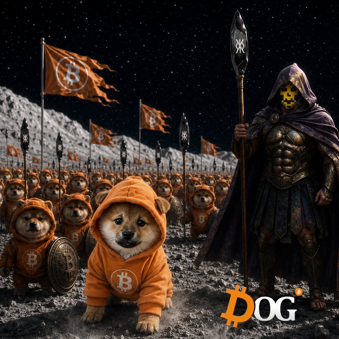 The image features a group of dogs wearing orange hoodies, standing next to each other with their backsides facing forward. The background shows a night sky filled with stars, giving the impression that they are on the moon or another celestial body. In the foreground, there is a banner displaying the text "DOG" and "ON THE MOUNTAIN $DOG ARMY WILL BE THERE NO OTHER WAY". This suggests that the dogs are part of an army, ready to defend their planet from any threats.

The image also includes several flags in various colors scattered throughout the scene, which further emphasizes the theme of a united front against potential dangers or adversaries. The overall atmosphere is one of camaraderie and determination as these canine soldiers prepare for battle under the watchful eyes of the stars above.