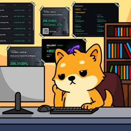 A cartoon Shiba Inu dog wearing a purple headband sits at a desk looking at stock charts on multiple monitors, with a computer screen displaying '+85' and ticker prices.