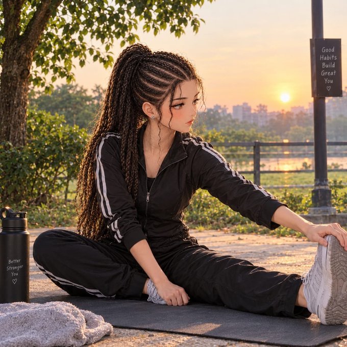 A young woman with long braided hair stretches on a yoga mat at sunrise in a black tracksuit, with a water bottle reading "Better Stronger You" beside her, complementing the post's motivational theme of "Good Habits Build Great You" and daily exercise for self-improvement.