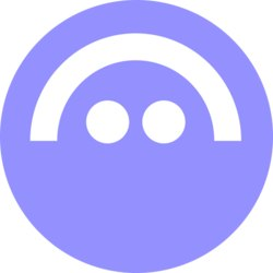 A purple circular app icon with a white stylized face or robot-like design featuring two round eyes and an arch.
