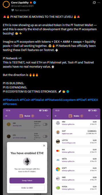 A social media post from Core Liquidity (@CoreInvestor001) announcing that PI NETWORK is moving to the next level with ETH now enabled in the Pi Testnet Wallet, accompanied by screenshots of the wallet interface.