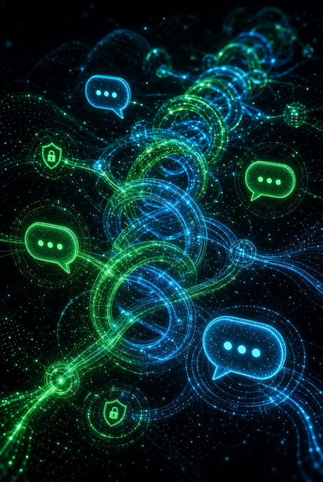 A digital illustration featuring glowing blue and green interlocking rings and chains, surrounded by chat bubble icons and shield/lock symbols, set against a dark starry background representing secure communication or blockchain technology.