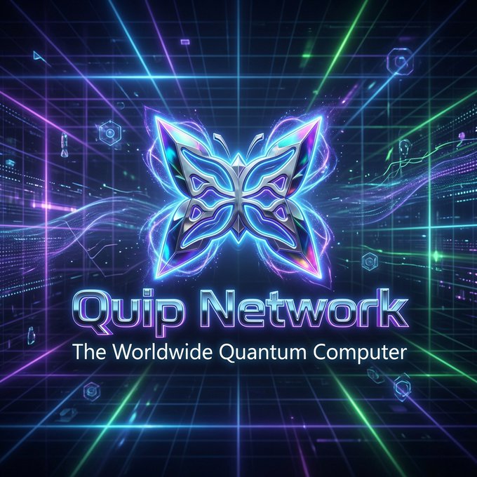 A futuristic digital graphic featuring a glowing blue and purple butterfly emblem with the text 'Quip Network' and tagline 'The Worldwide Quantum Computer'.