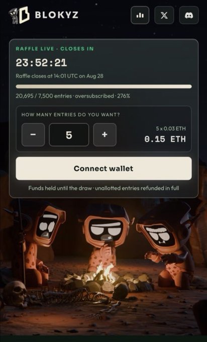 A screenshot of a 'BLOKYZ' raffle website showing a countdown timer at 23:52:21, pricing at 0.15 ETH for 5 entries, a 'Connect wallet' button, and cartoon cavemen characters around a campfire.