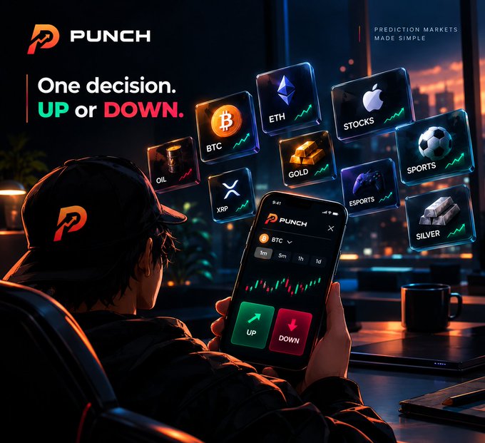 A promotional graphic for the PUNCH app displays the tagline 'One decision. UP or DOWN.' and 'PREDICTION MARKETS MADE SIMPLE,' featuring a person viewing a mobile app interface with floating category icons for BTC, ETH, STOCKS, OIL, GOLD, XPB, ESPORTS, SPORTS, and SILVER.