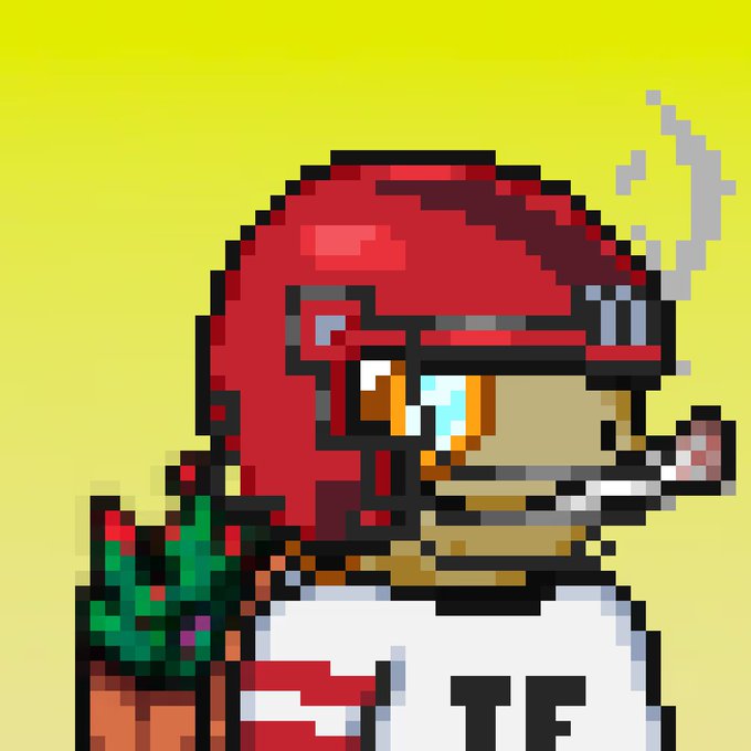 A pixel art portrait of a character wearing a red helmet and smoking a cigarette against a yellow gradient background, with 'TF' visible on their shirt.