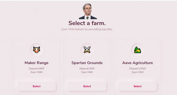 A webpage titled "Select a farm" with the tagline "Earn YAM tokens by providing liquidity," displayed alongside a photo of Jerome Powell, presents three farming options: Maker Range (Deposit MKR), Spartan Grounds (Deposit SNX), and Aave Agriculture (Deposit LEND), each with a Select button.