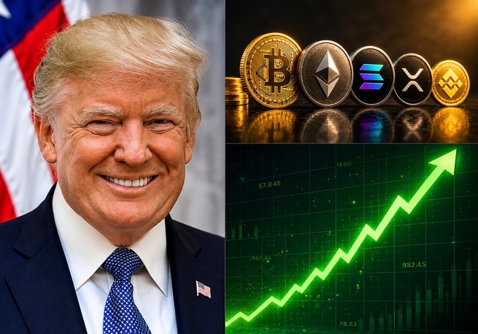 Donald Trump smiles beside images of major cryptocurrencies (Bitcoin, Ethereum, Solana, XRP, and Binance Coin) and a green rising chart, visually reinforcing the claim that his proposed $5,000 dividend could trigger a massive liquidity surge into the crypto market.