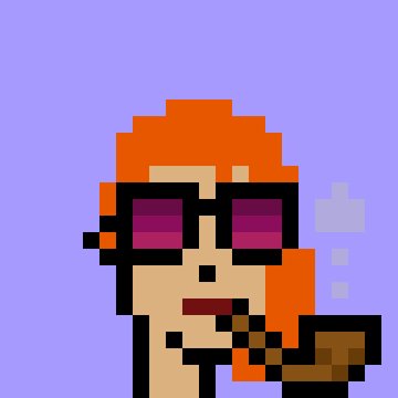 A pixel art illustration features a character with orange hair, purple sunglasses, and a cigarette, smoking a pipe against a purple background.