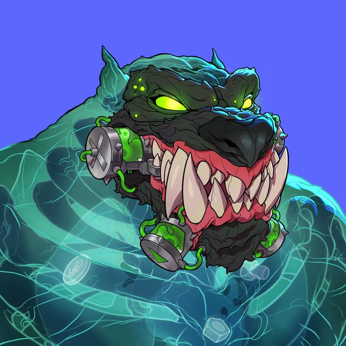 A digital illustration of a menacing dark green beast with glowing yellow eyes, sharp teeth, and metallic mechanical implants on a blue background.