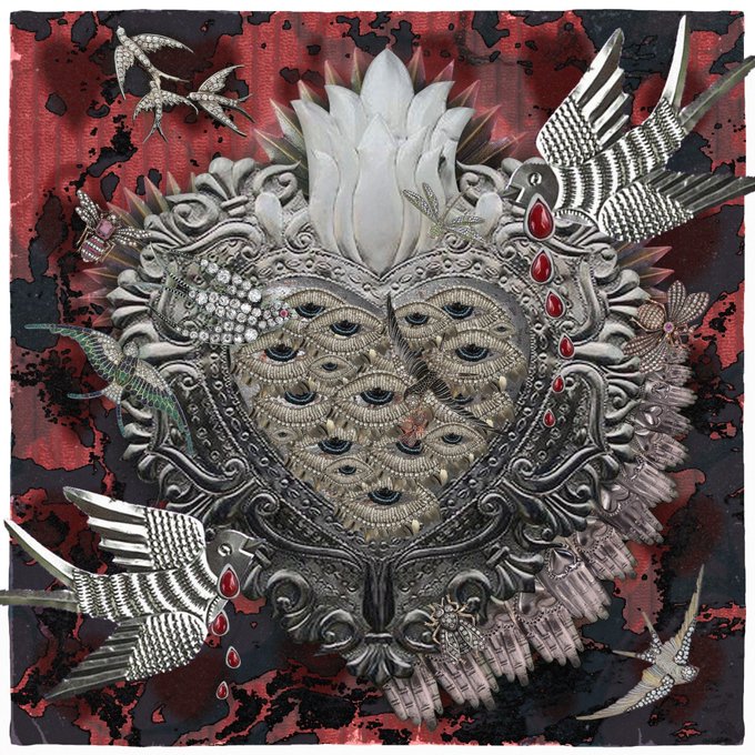 A digital artwork titled "Sagrado Corazón" featuring an ornate silver heart adorned with multiple eyes, intricate filigree, gemstones, and surrounding bird motifs against a blood-red background, presented as edition 2 of 4 in an NFT collection.