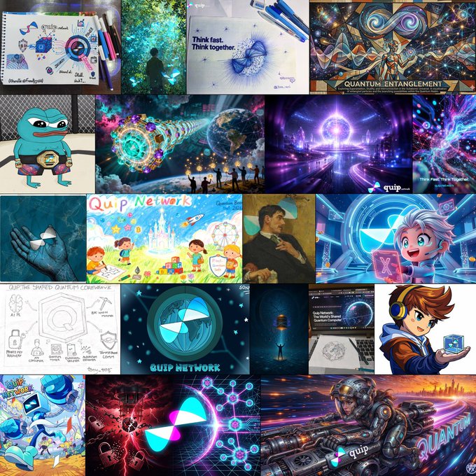 The image consists of multiple images depicting various scenes, logos, illustrations or other visual content associated with a QIP network company. Some photos show blue and green color palettes that represent their brand identity, while others feature children's drawings or cartoons related to the Qip Network logo. There is a post on a social media platform sharing experiences from an event organized by Quip Network for its clients. The main theme of this image appears to be about the company, their activities, and community involvement in gaming and entertainment.